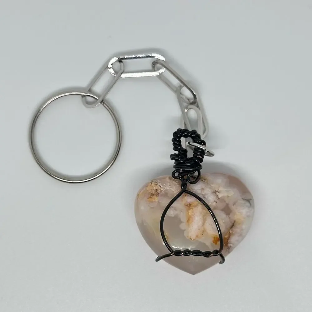 Flower Agate keychain wire wrapping distressed black wire handmade
